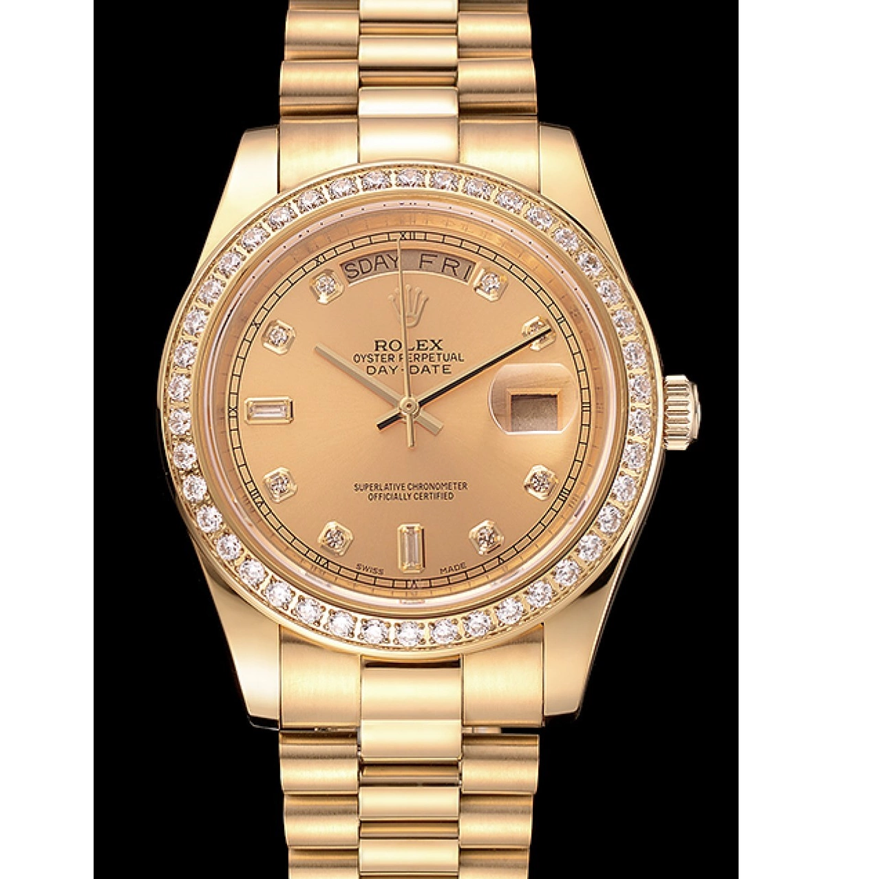Aaa replica watch 1454099 Bezel Diamond Dial Champagne Gold Rolex Swiss Day-Date Bracelet 0721